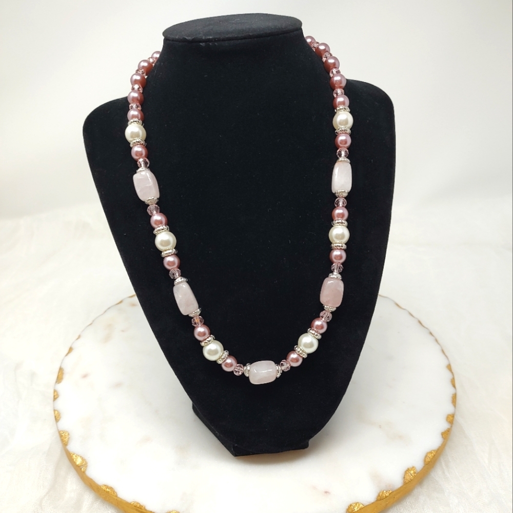 Rose quartz, metallic purple, pink & white faux pearl beaded necklace